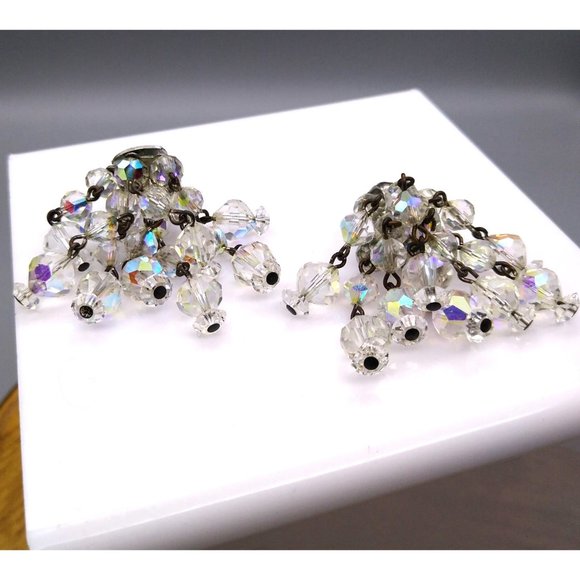 Vintage AB Crystal Beads ChaCha Earrings, Clip Ons with Clear Faceted Aurora - Picture 2 of 5
